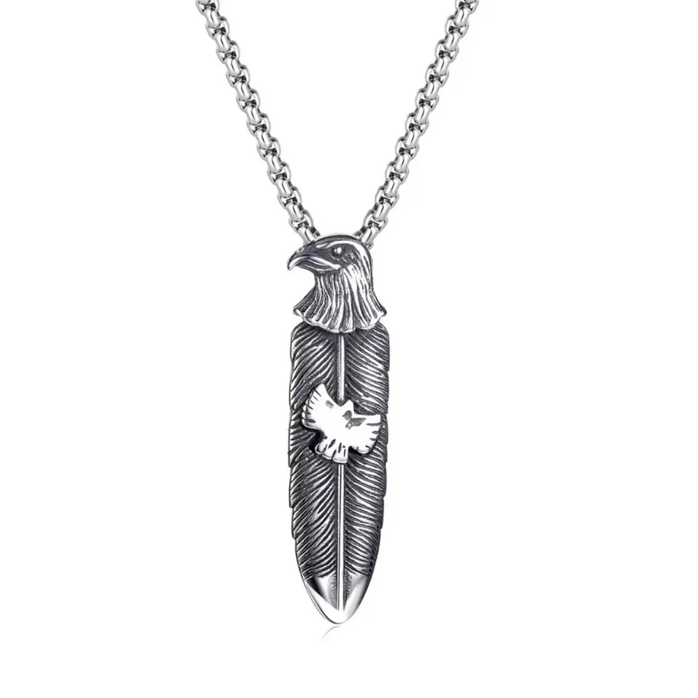 Platinum Plated Eagle Head Feather With Eagle Shaped Piece Bohemian Necklace